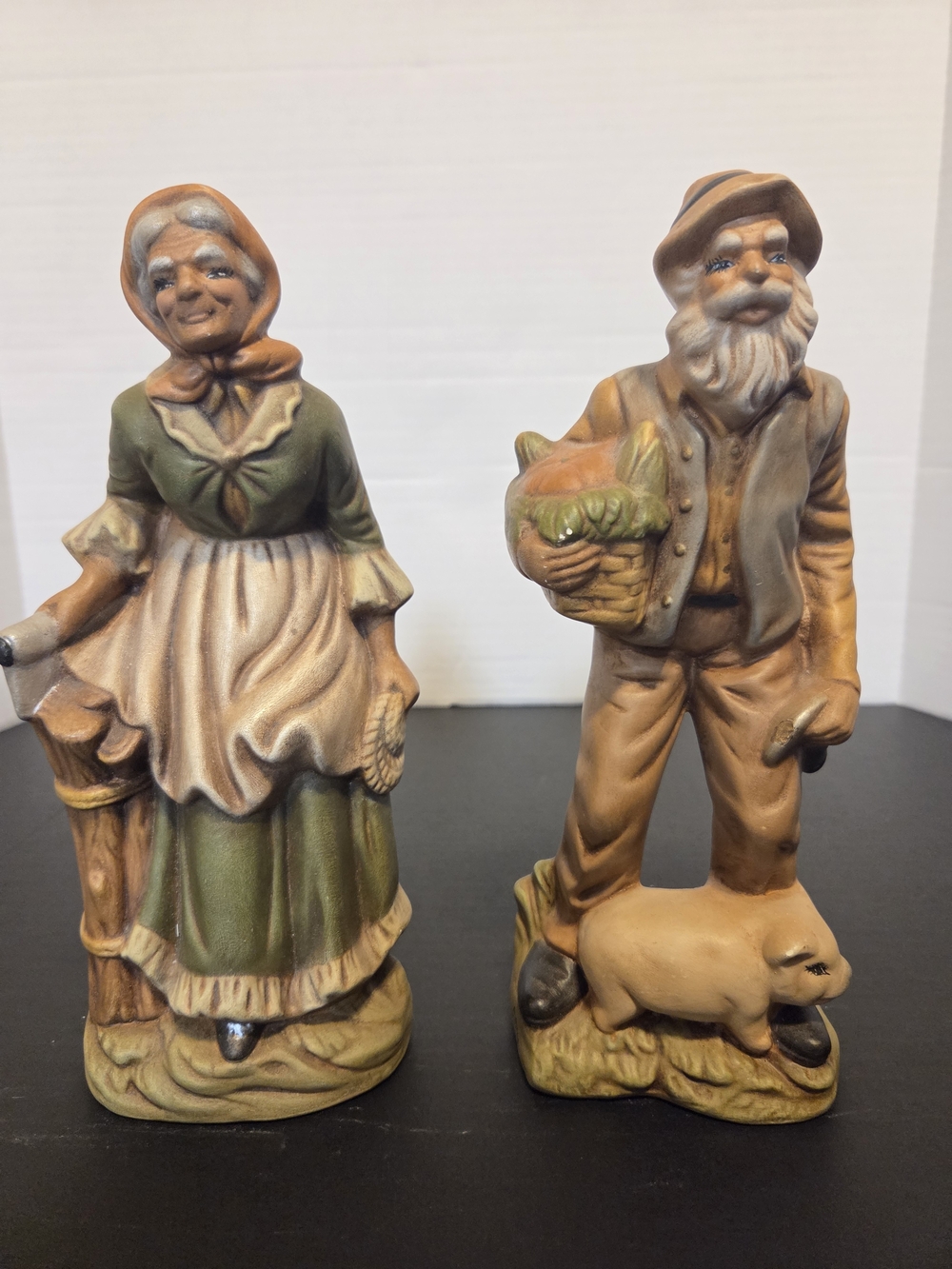 Vintage Aggie 1992 Ceramic Farmer Couple Figurines Rustic Folk Art Set of 2